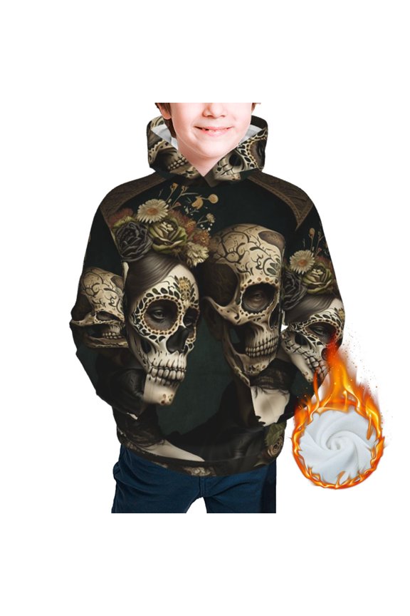 Kids Casual Warm Hoodie for Children Thickened Hooded Sweatshirts, Skulls Lovers Day Of The Dead