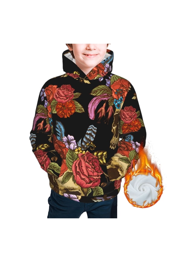 Kids Casual Warm Hoodie for Children Thickened Hooded Sweatshirts, Watercolor Skull Flowers Day Dead