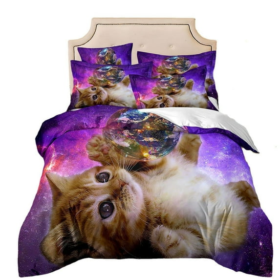 Kids Cat Bedding Set Chic Bedding Comforter Set for Girls Teens Galloping Cat Printed Comforter 3D Wild Animal Duvet Set Bedroom Decor Quilt Set 3Pcs King Size