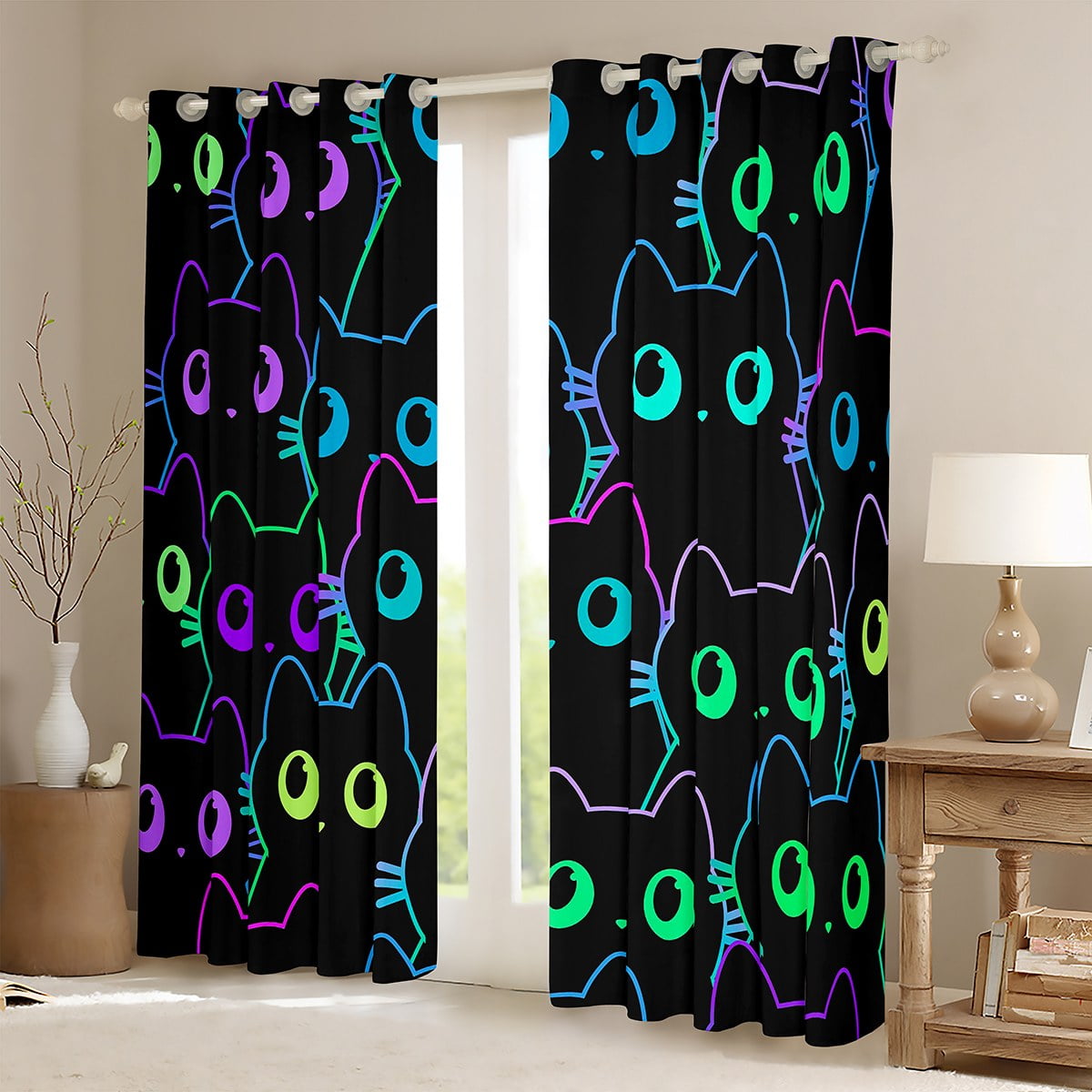 Kids Cat Blackout Curtains Cute Cartoon Kitten Curtains For Bedroom Gradient Simple Strokes Cat