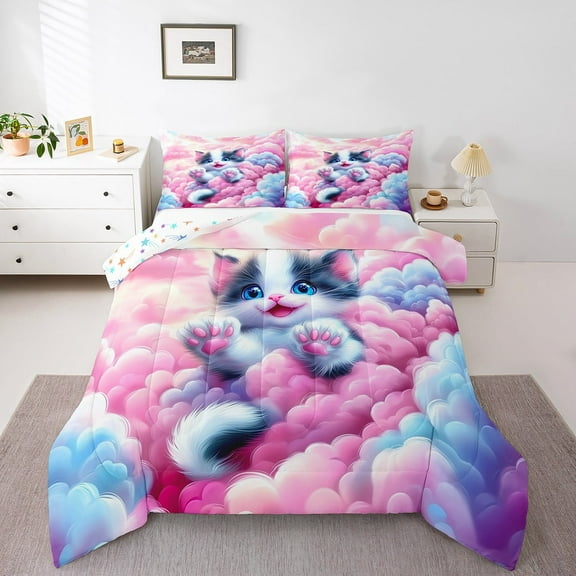 Cat Down Comforter Full Size,Pink Blue Cloud Bedding Set Cute Kawaii Cat Comforter Sets Teen Women,Cartoon Animal Kitten Duvet Set