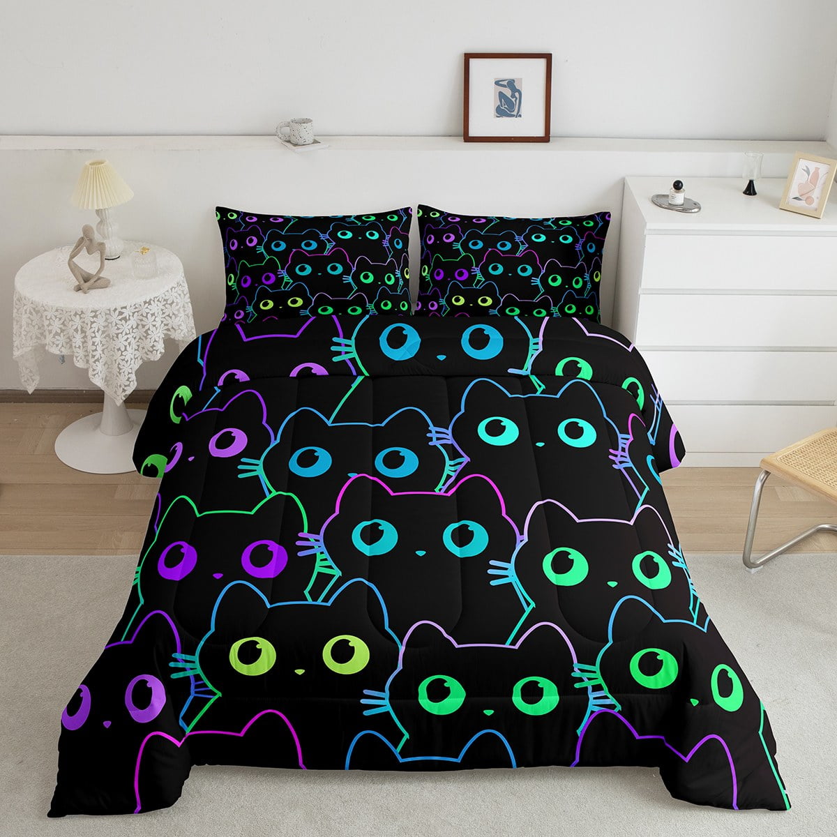 Kids Cat Comforter Set Cute Cartoon Kitten Bedding Comforter Set