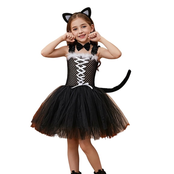 Kids Cat Costu-me Set, Halloween Girls Tutu Skirt with Cat Ears Headband Tail Bow Tie and Stickers for Halloween Dress Up Role Play,Black,6-7 Years