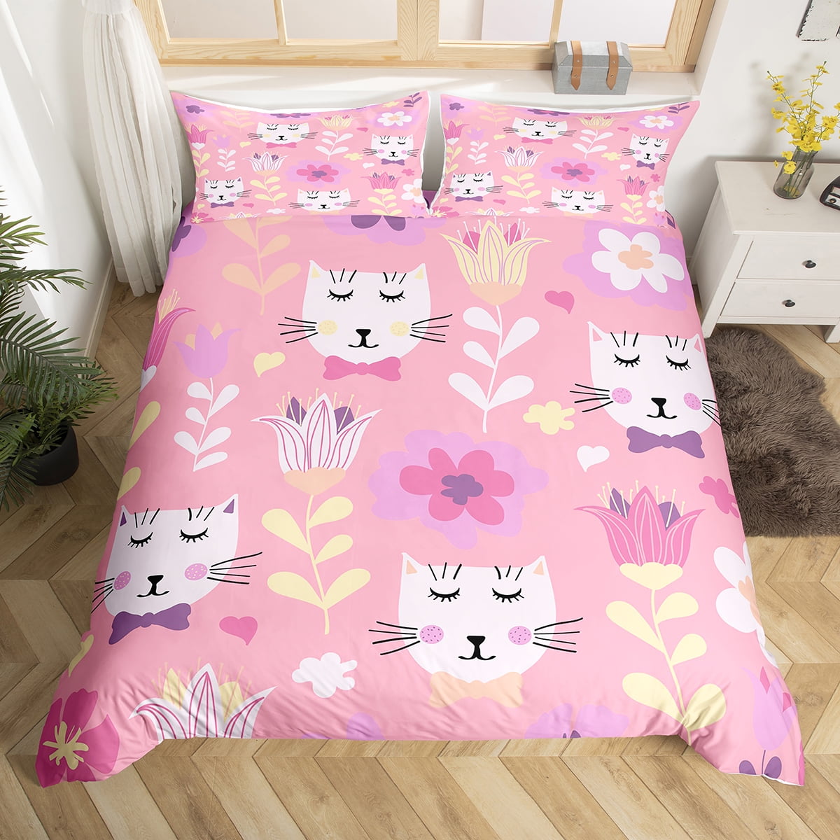 Kids Cat Duvet Cover Twin,Cartoon Cat Bedding Set for Kids,Girls Kawaii