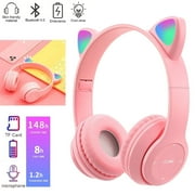 HQinX Kids Headphones, Cat Ear Wireless Headphones, LED Light Up Bluetooth over on Ear Purple Headphones for Boy Girl With Microphone, Pink