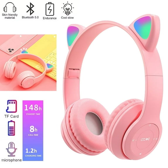 HQinX Kids Headphones, Cat Ear Wireless Headphones, LED Light Up Bluetooth over on Ear Purple Headphones for Boy Girl With Microphone, Pink