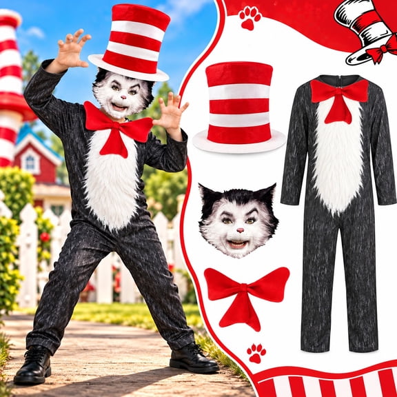 Kids Cat Hat Costume Scary Creepy Realistic Jumpsuit Mask Boys Girls-4