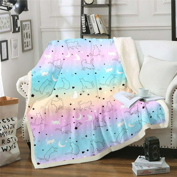 Kids Cat Throw Blanket Gradient Line Cute Cat Blanket for Boys Girls Teens Lovely Cartoon Pet Cats Fleece Blanket Kawaii Kitten Print Fuzzy Blanket Cat Lover''S Animal Themed Sherpa Blanket 50"X60"