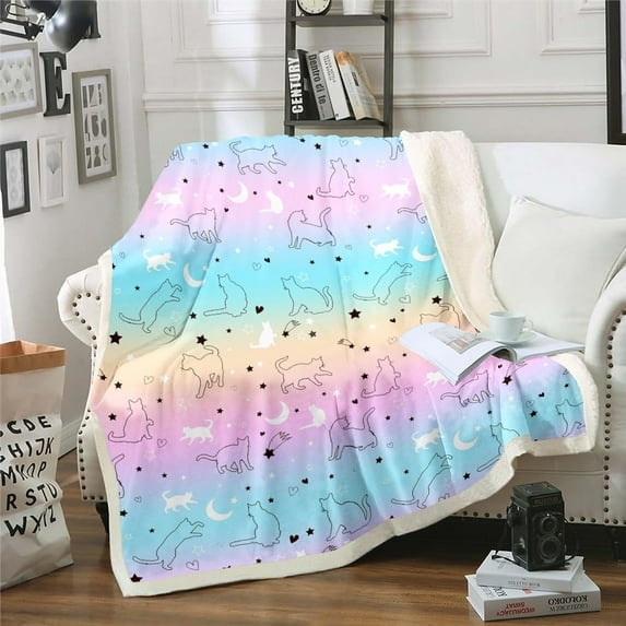 Kids Cat Throw Blanket Gradient Line Cute Cat Blanket for Boys Girls Teens Lovely Cartoon Pet Cats Fleece Blanket Kawaii Kitten Print Fuzzy Blanket Cat Lover''S Animal Themed Sherpa Blanket 50"X60"