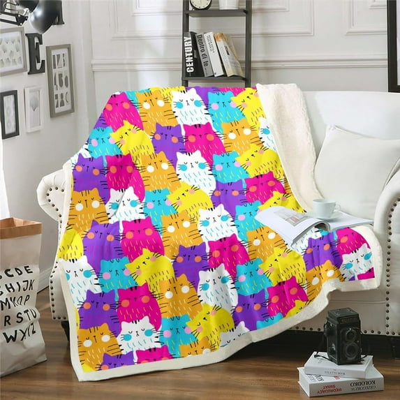 Kids Cats Throw Blanket for Couch Rainbow Kitten Fleece Blanket Kawaii Animal Sherpa Blanket Baby Size Cartoon Pet Theme Blanket Boys Girls Cute Travel Blanket Soft