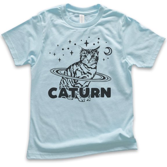 Kids Caturn Shirt, Youth Kids Boy Girl T-Shirt, Cat T-shirt, Kitten Shirt, Cat Lover Shirt, Light Blue, X-Small