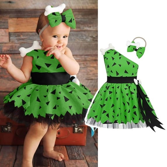 Kids Caveman Costume Girls Dog Bones Historical Stone Age Cavegirl Mesh Dress Outfits Set Kids Halloween Costume Dress Up 11-12 Years