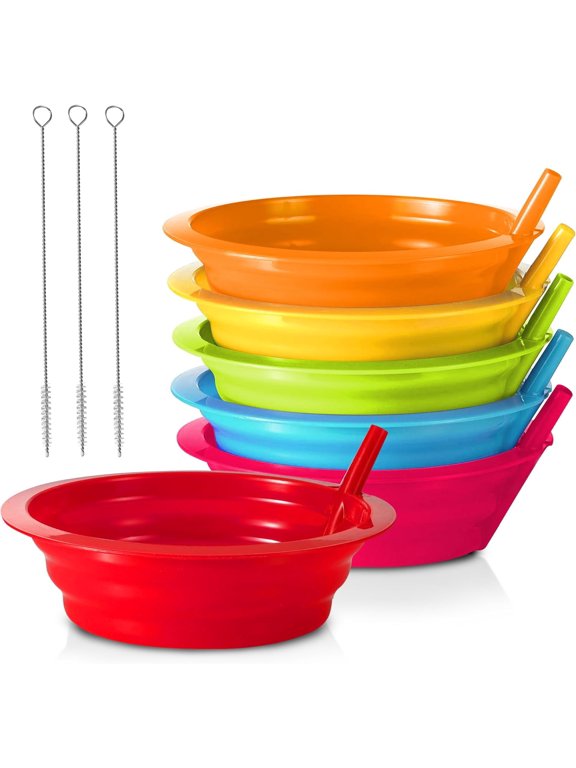 Kids Cereal Bowls with Straws - Set of 6 Plastic Bowl with Straw For kids BPA Free Dishwasher and Microwave Safe - 22 Oz Toddlers Bowls with Built-In Straws Includes 3 Cleaning Brushes
