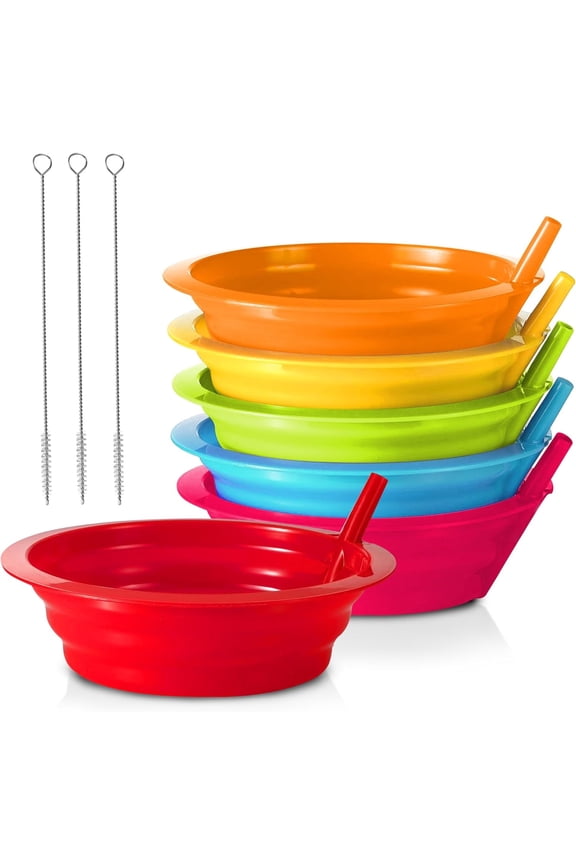Kids Cereal Bowls with Straws - Set of 6 Plastic Bowl with Straw For kids BPA Free Dishwasher and Microwave Safe - 22 Oz Toddlers Bowls with Built-In Straws Includes 3 Cleaning Brushes