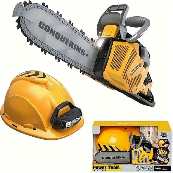 Kids Chainsaw Toy Set with Safety Helmet, Electric Pretend Play Tool with Light Effects, Role Play Lumberjack Costume Toy for Boys Girls Age 3+, Outdoor Indoor Play Gift for Birthday Christmas