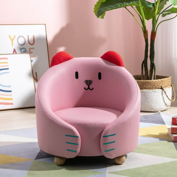 Kids Chair, Cute Upholstered Chair with Curved Backrest and Round Legs, Modern Small Sofa Chair with Thicken Seat Cushion for Boys Girls, Pink