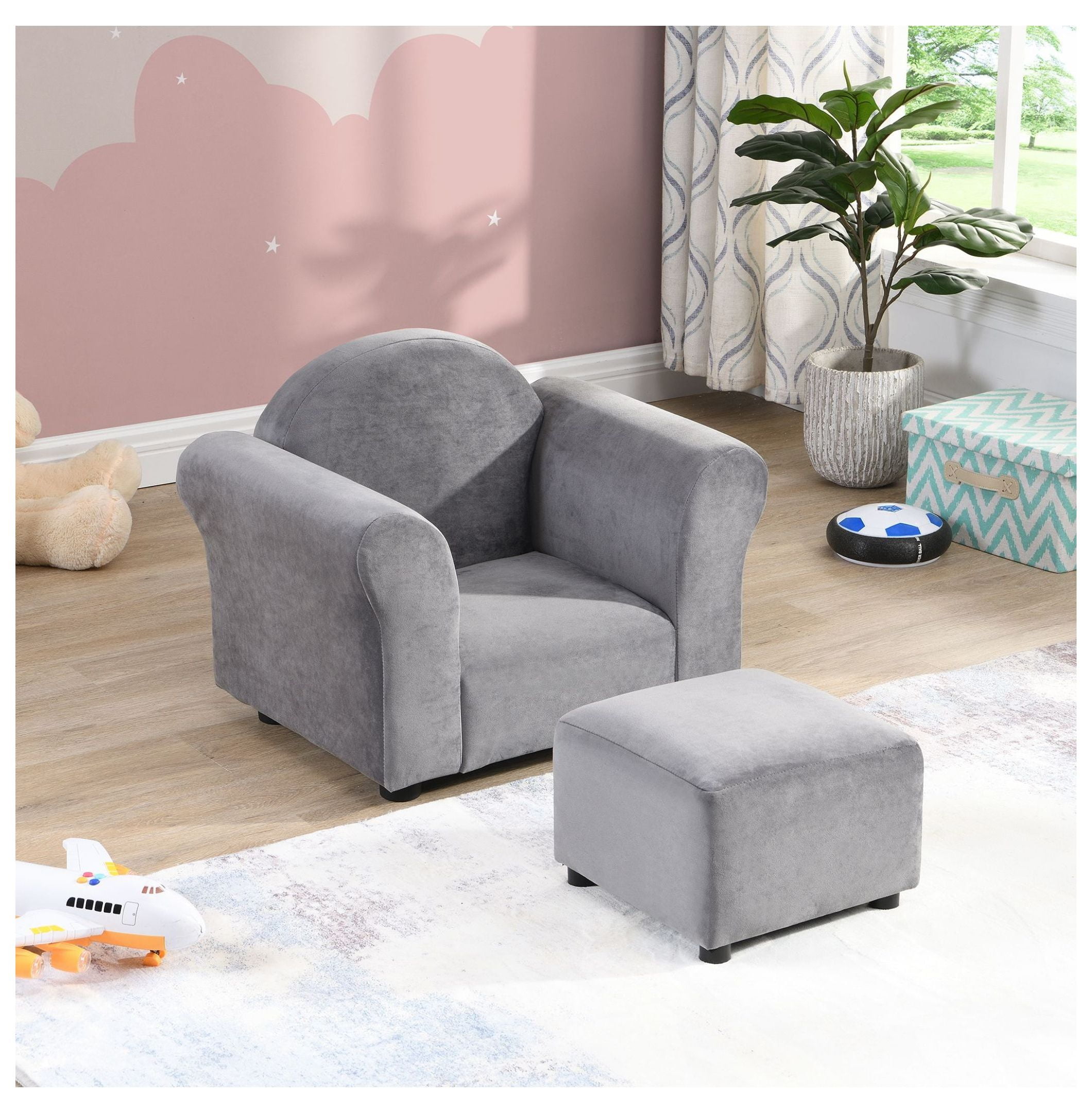 Kids Chair with Ottoman, Upholstered Toddler Couch - Dark Gray - Sturdy ...