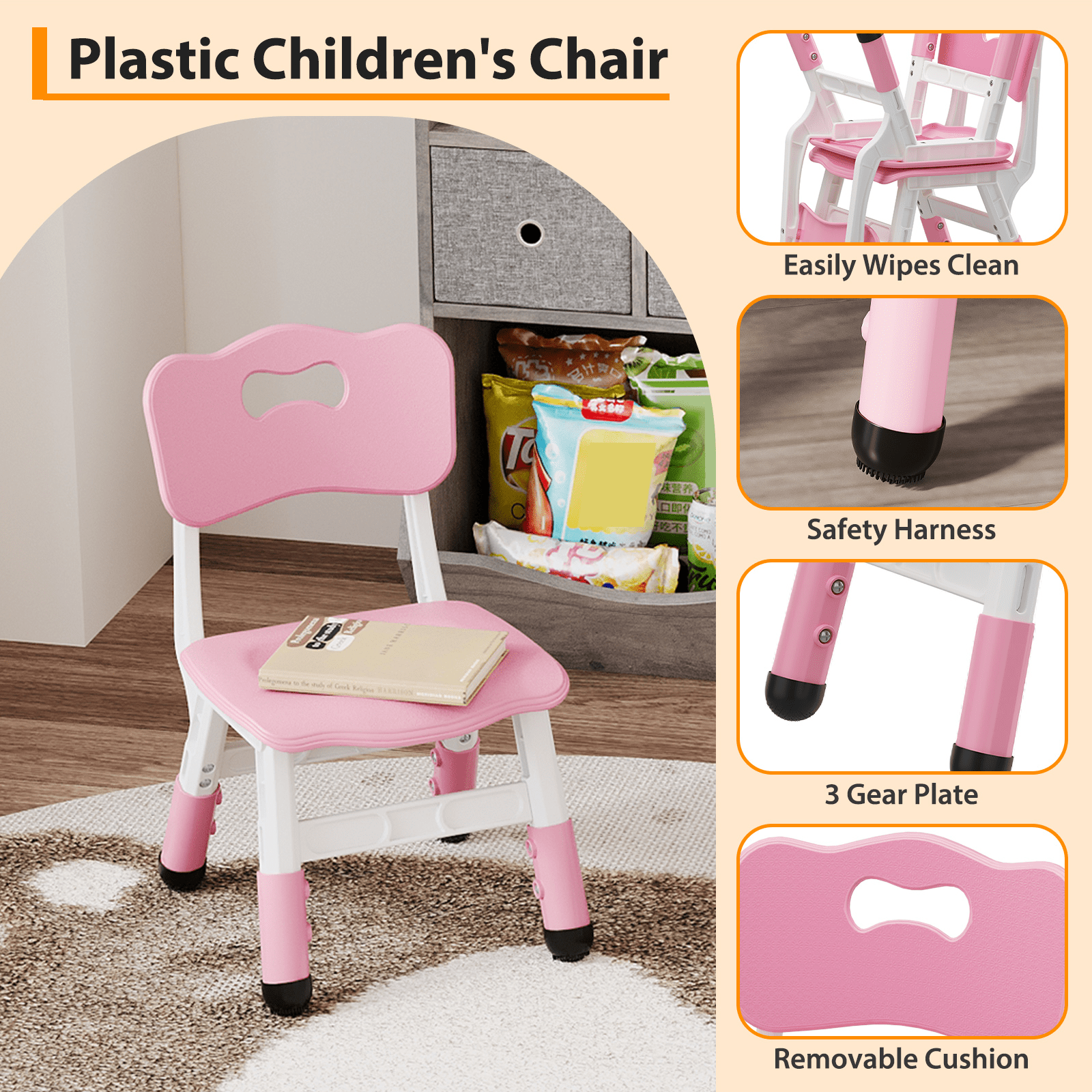 Kids Chair Set of 2 with Height Adjustable Chair, Plastic Toddler Chairs for Children Boys Girls, Kids Hammock Chair, Booster Chairs for Toddlers