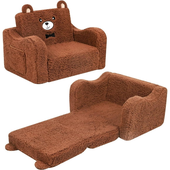 Kids Chairs for Toddler, 2-in-1 Toddler Soft Sherpa Couch Fold Out, Convertible Sofa to Lounger for Girls and Boys, Teddy Bear, Brown