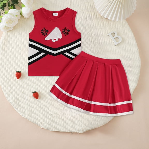 Kids Cheerleader Costume Red 2 Piece Toddler Baby Girl Cheerleader Outfit Shirt Tops Skirt Set Cheer Uniform Outfit Cheerleading Clothes