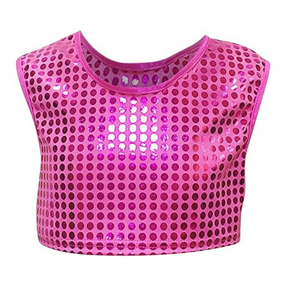 Kids Cheerleading Top with Sequin Performance Vest – Sleeveless Stretchy Dance for Boys & Girls, Polka Dot Belly Show Outfit for Preschool, Team & Stage Activities