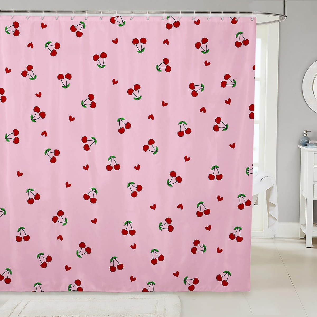 Kids Cherry Bathroom Shower Curtain Set Cherry Pattern Shower Curtain Boys Girls Cute Fruit Bath Curtain for Kawaii Cartoon Fruit Teens Bathroom Accessories Room Decor 72"x72"