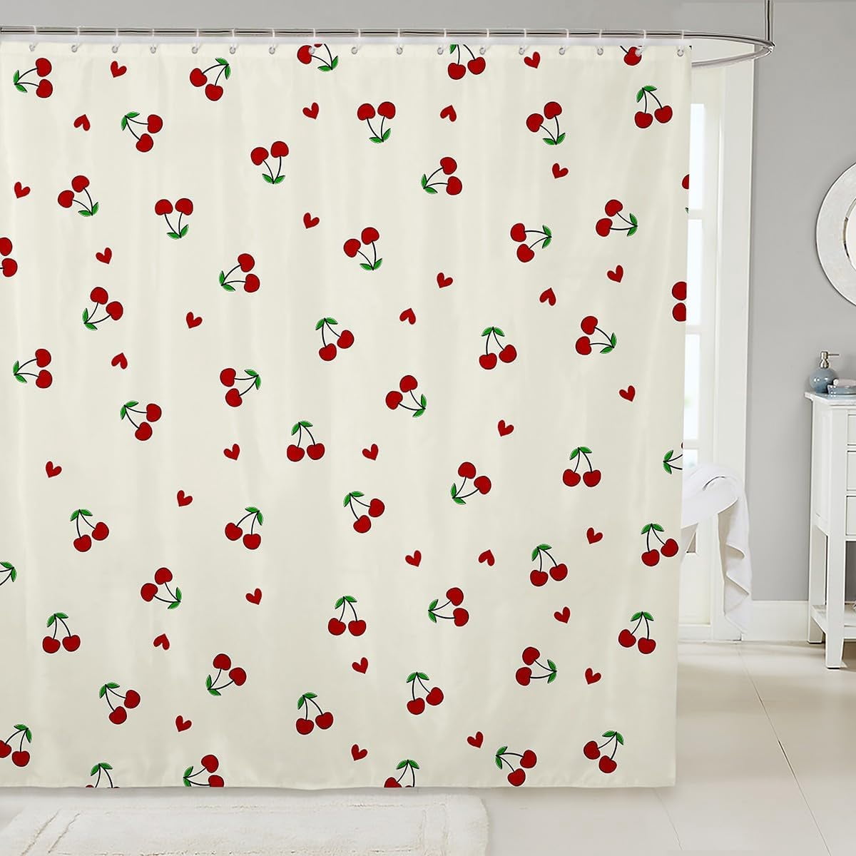 Kids Cherry Shower Curtain Cherry Pattern Bath Curtain Boys Girls Cute Fruit Bathroom Shower Curtain Set Kawaii Cartoon Fruit Teens Bathroom Accessories Room Decor 72"x72"
