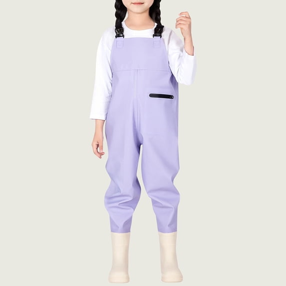 Kids Chest Waders Boys Girls Waterproof Rain Pants With Attached Boots Adjustable Suspenders Front Zipper Pocket Lightweight Overalls For Fishing Mud Play Back to School