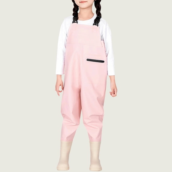 Kids Chest Waders Boys Girls Waterproof Rain Pants With Attached Boots Adjustable Suspenders Front Zipper Pocket Lightweight Overalls For Fishing Mud Play Back to School