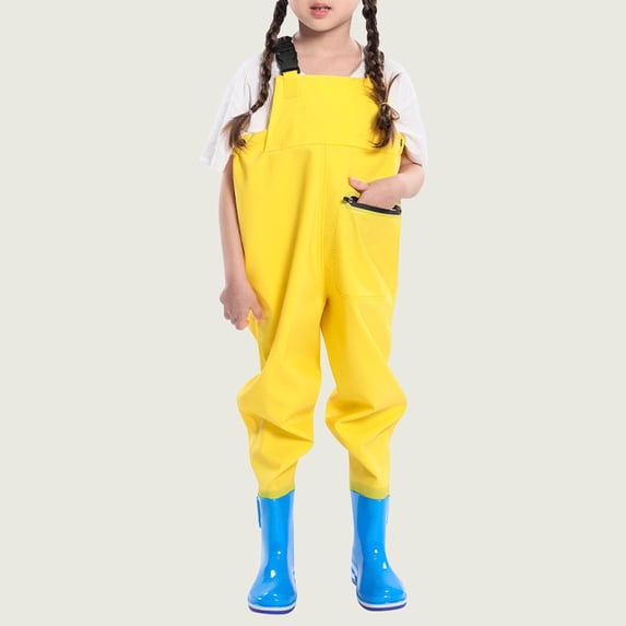 Kids Chest Waders Boys Girls Waterproof Rain Pants With Attached Boots Adjustable Suspenders Front Zipper Pocket Lightweight Overalls For Fishing Mud Play Back to School