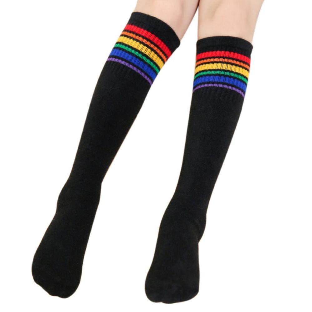 Kids Child Cotton Rainbow Stripes Sport Soccer Team Socks Uniform Tube Cute Knee High Stocking for Boys Girls