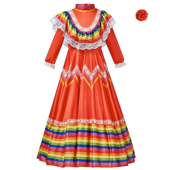 Kids Child Girls Mexican Traditional Dress National Style Long Sleeve Dance Princess Dress With Headdress Flower Carnival Birthday Party Dress 3 Years