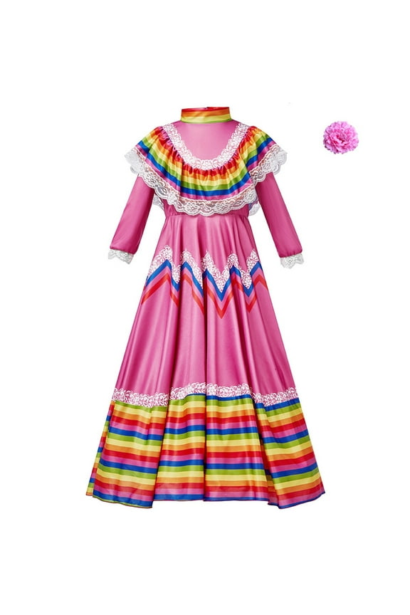 Kids Child Girls Mexican Traditional Dress National Style Long Sleeve Dance Princess Dress With Headdress Flower Party Carnival Birthday Party Dress Soft Child Streetwear