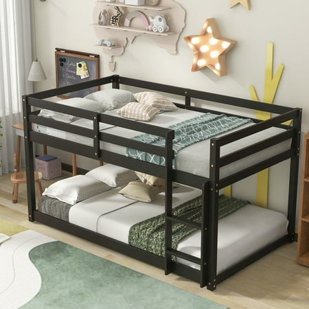 Kids Child Low Floor Twin Over Twin Bunk Bed Frame with Ladder Guardrails