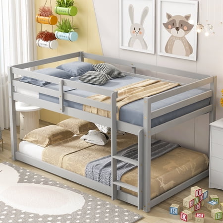 Kids Child Low Floor Twin Over Twin Bunk Bed Frame with Ladder Guardrails