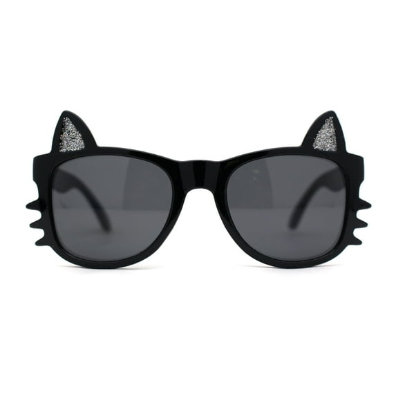 Kids Child Size Cat Eye Glitter Horn Rim Whiskers Plastic Sunglasses All Black