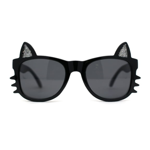 Kids Child Size Cat Eye Glitter Horn Rim Whiskers Plastic Sunglasses All Black