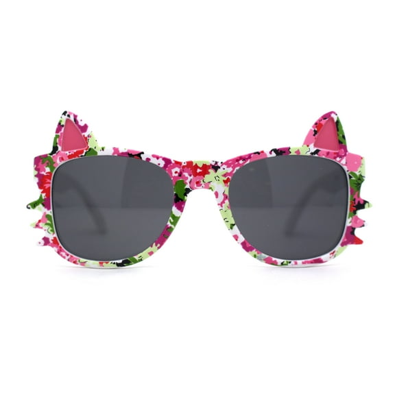 Kids Child Size Cat Eye Glitter Horn Rim Whiskers Plastic Sunglasses Dark Flower Pattern