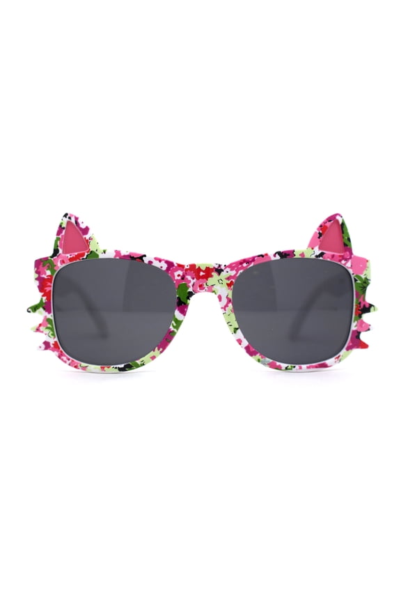 Kids Child Size Cat Eye Glitter Horn Rim Whiskers Plastic Sunglasses Dark Flower Pattern