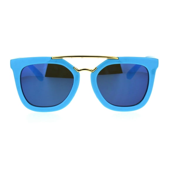 Kids Child Size Color Mirror Plastic Retro Metal Bridge Horned Sunglasses Blue