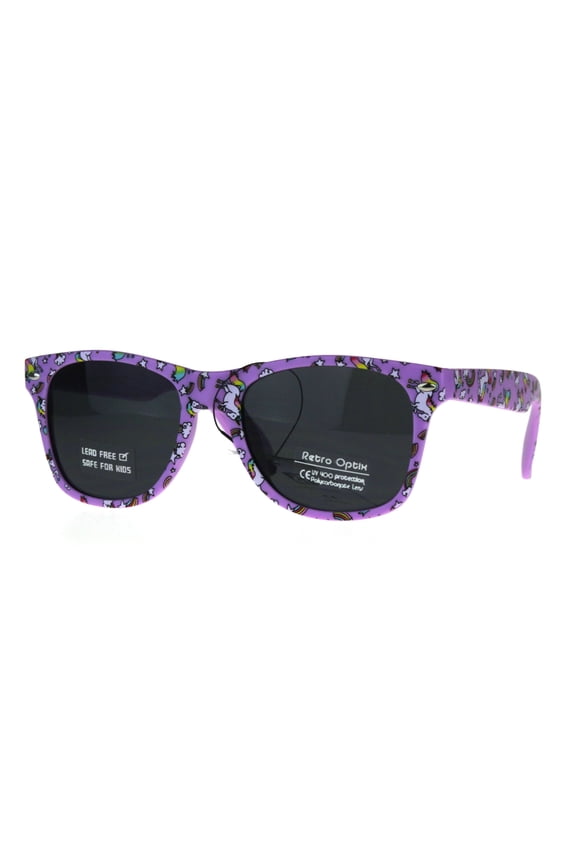 Kids Child Size Girls Unicorn Print Plastic Horn Rim Sunglasses Purple
