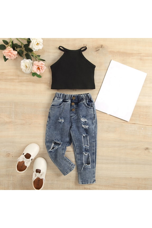 Kids Child Toddler Baby Girls Sleeveless Ribbed Vest Tops Patchwork Jeans Pants Outfits Set Clothes
