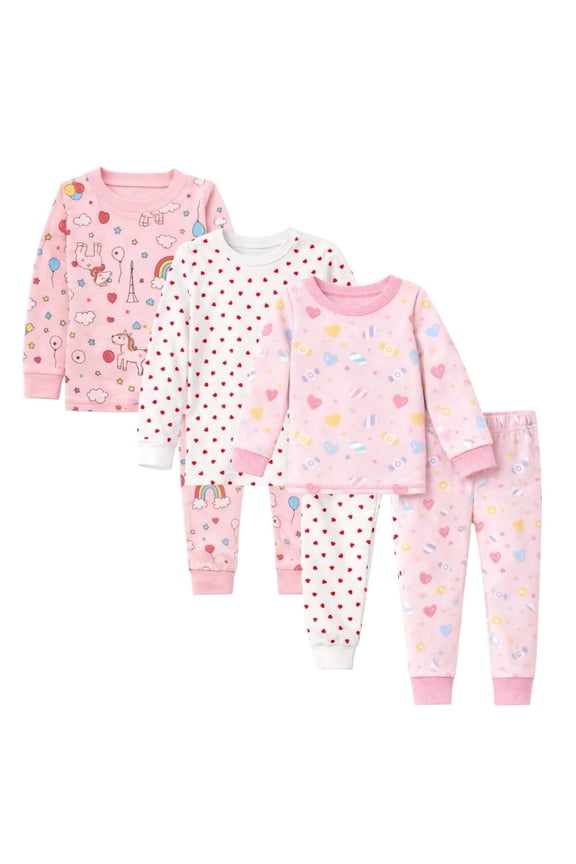 Kids Child Toddler Girl Pajamas Pj Set Snug Fit Long Sleeve Snug Fit Soft & Cozy Sleepwear & Loungewear 3-Pack Size 2Y to 10Y