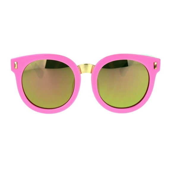 Kids Childern Size Color Mirror Plastic Retro Round Horned Rim Sunglasses Pink Peach