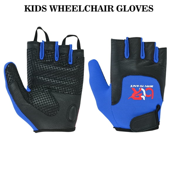 Kids Children Boys Girls Wheelchair Gloves Mobility Disability Fingerless Long Thumb Leather Palm Cycling Gloves Blue 9-10 (Age)