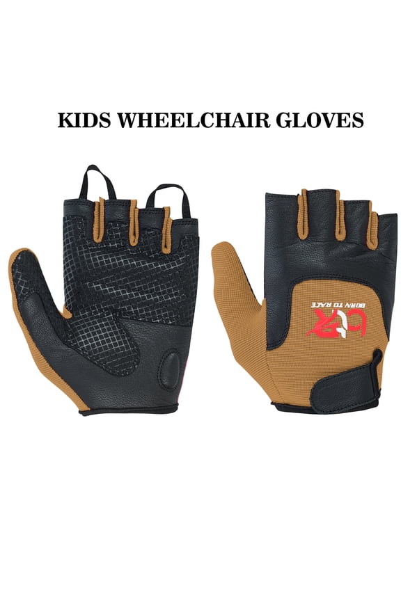 Kids Children Boys Girls Wheelchair Gloves Mobility Disability Fingerless Long Thumb Leather Palm Cycling Gloves Camel 9-10 (Age)