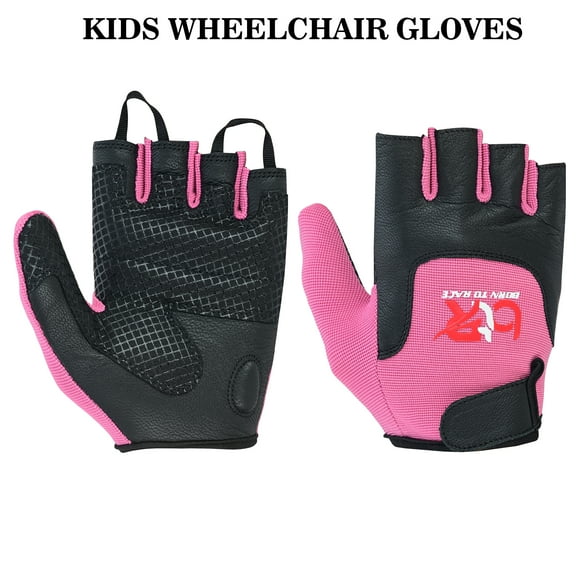 Kids Children Boys Girls Wheelchair Gloves Mobility Disability Fingerless Long Thumb Leather Palm Cycling Gloves Pink 9-10 (Age)