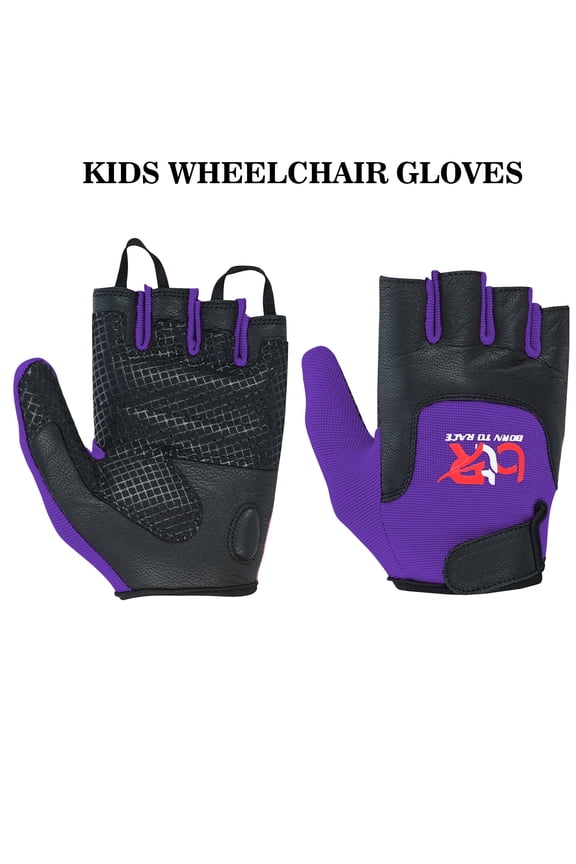 Kids Wheelchair Gloves for Boys & Girls – Fingerless Leather Palm Cycling Gloves, Purple, Size 9-10 (Age)