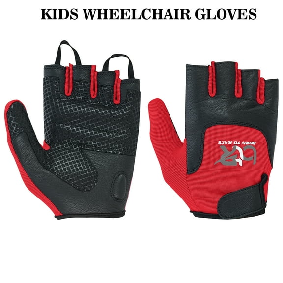 Kids Children Boys Girls Wheelchair Gloves Mobility Disability Fingerless Long Thumb Leather Palm Cycling Gloves Red 9-10 (Age)