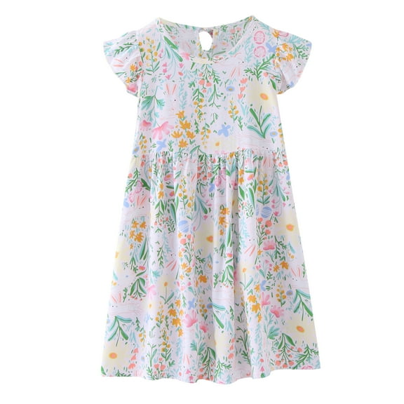 Kids Children Girls Summer Flying Sleeve Cartoon Flower Prints Princess Dress Fashion Cute Size 2-3T